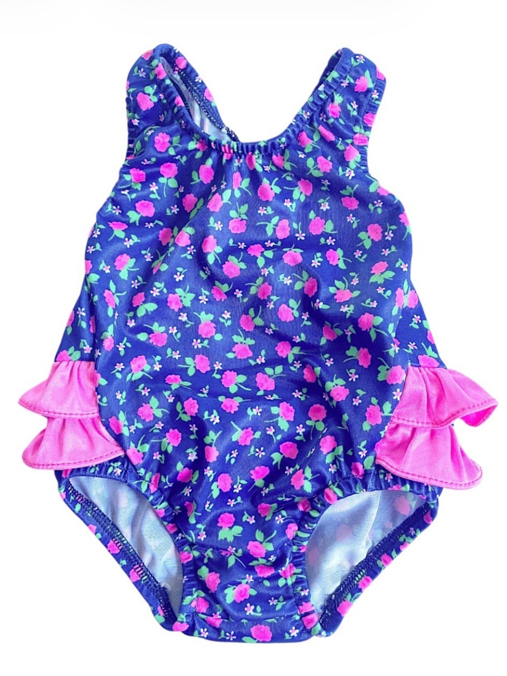 VINTAGE 80s 90s CARTERS Swimsuit One Piece Bathing Suit Floral Ruffle Pink